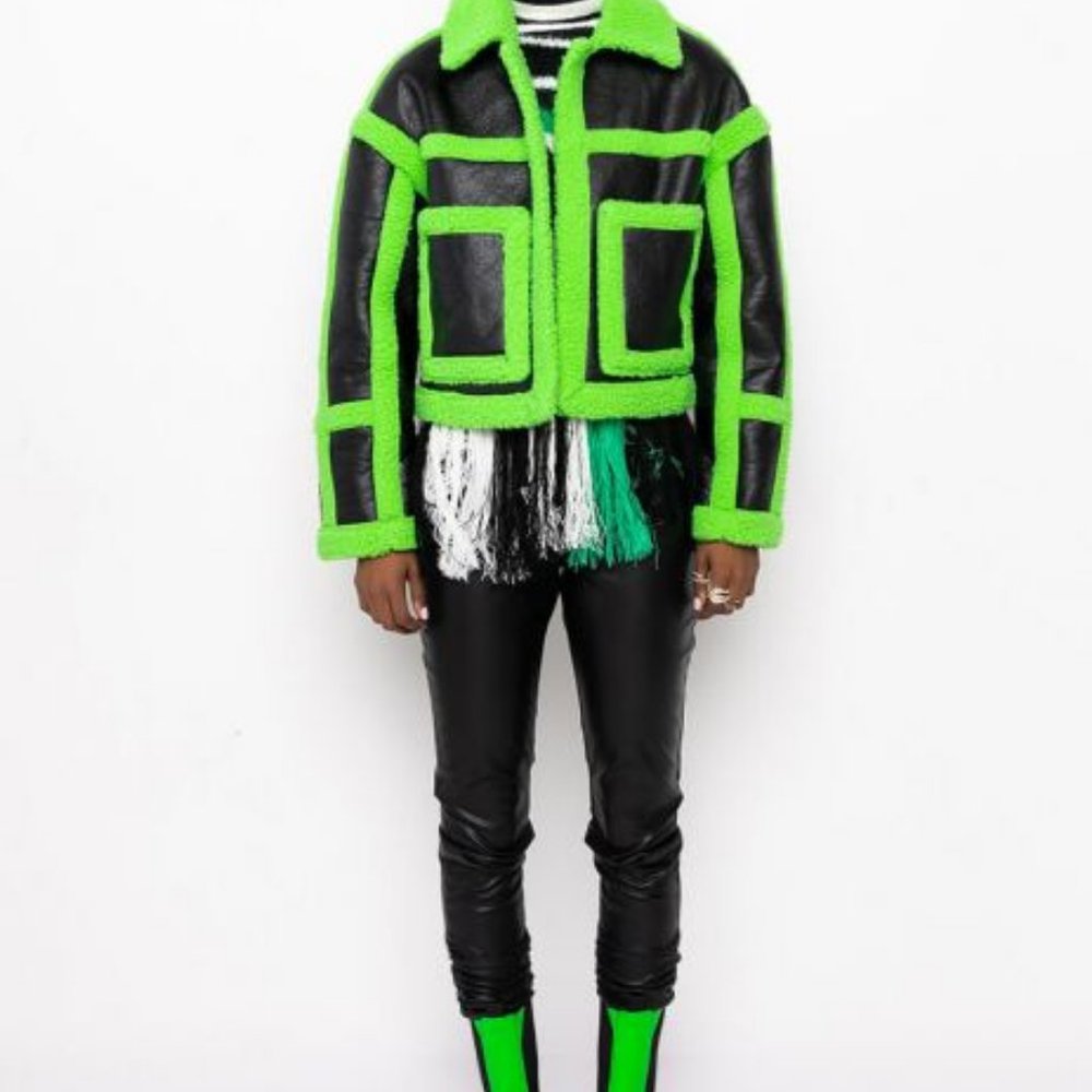 AKIRA Black Jacket with Neon Green Faux-Shearling Trim.